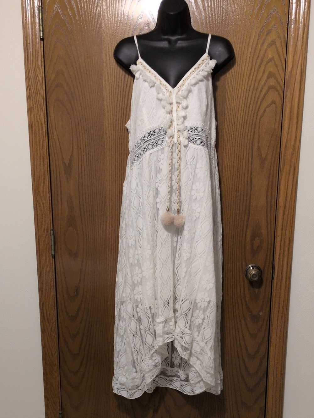 Women’s Hi-Lo White Lace Maxi Slip Dress with Pom-Trim